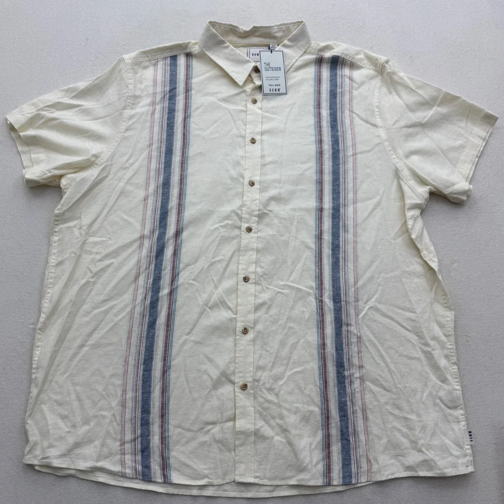 ROWM The Outsider Shirt Mens 3XT Cream Striped Hemp Blend Short Sleeve Tall